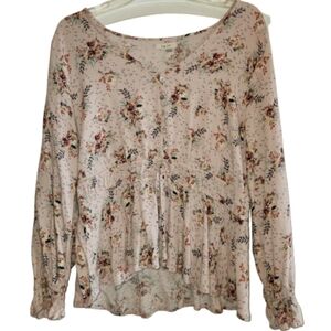 Maurices Floral Pink Babydoll Women's Top Size M Prairie Cottagecore Long Sleeve